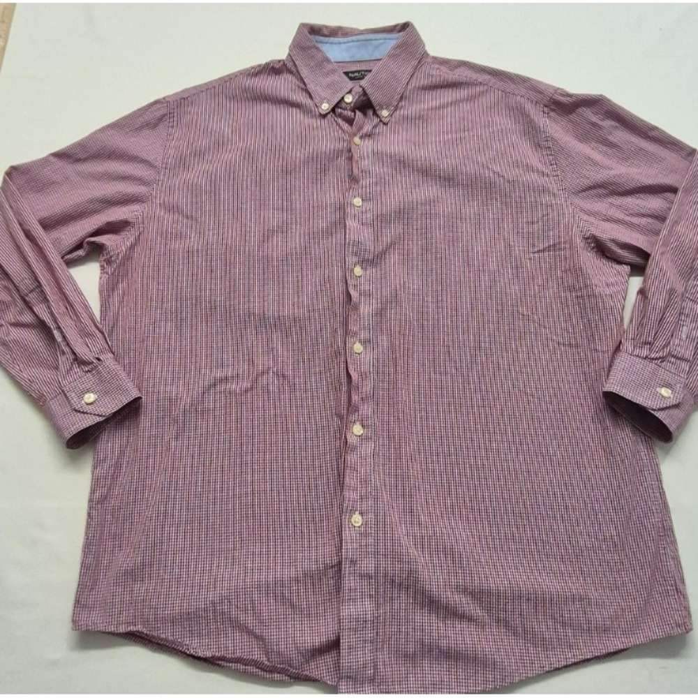 Nautica men red/white/blue check button up long sleeve dress shirt sz 17 (32/33)